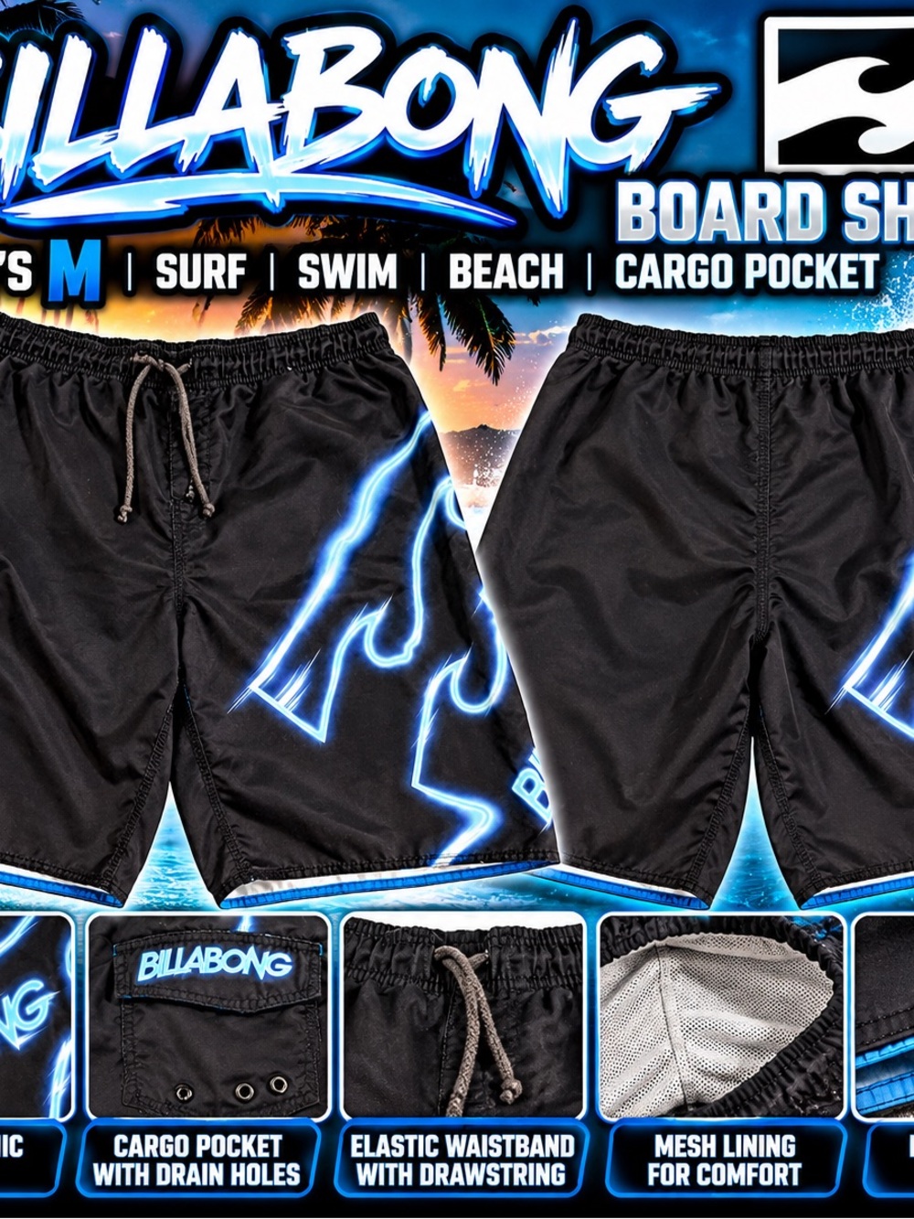 Billabong Board Shorts Mens M Black Blue Graphic Cargo Pocket Surf Swim Trunks